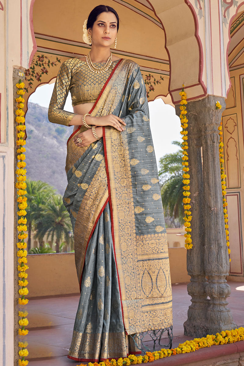 Grey Color Weaving Work Festival Wear Art Silk Fabric Splendid Saree
