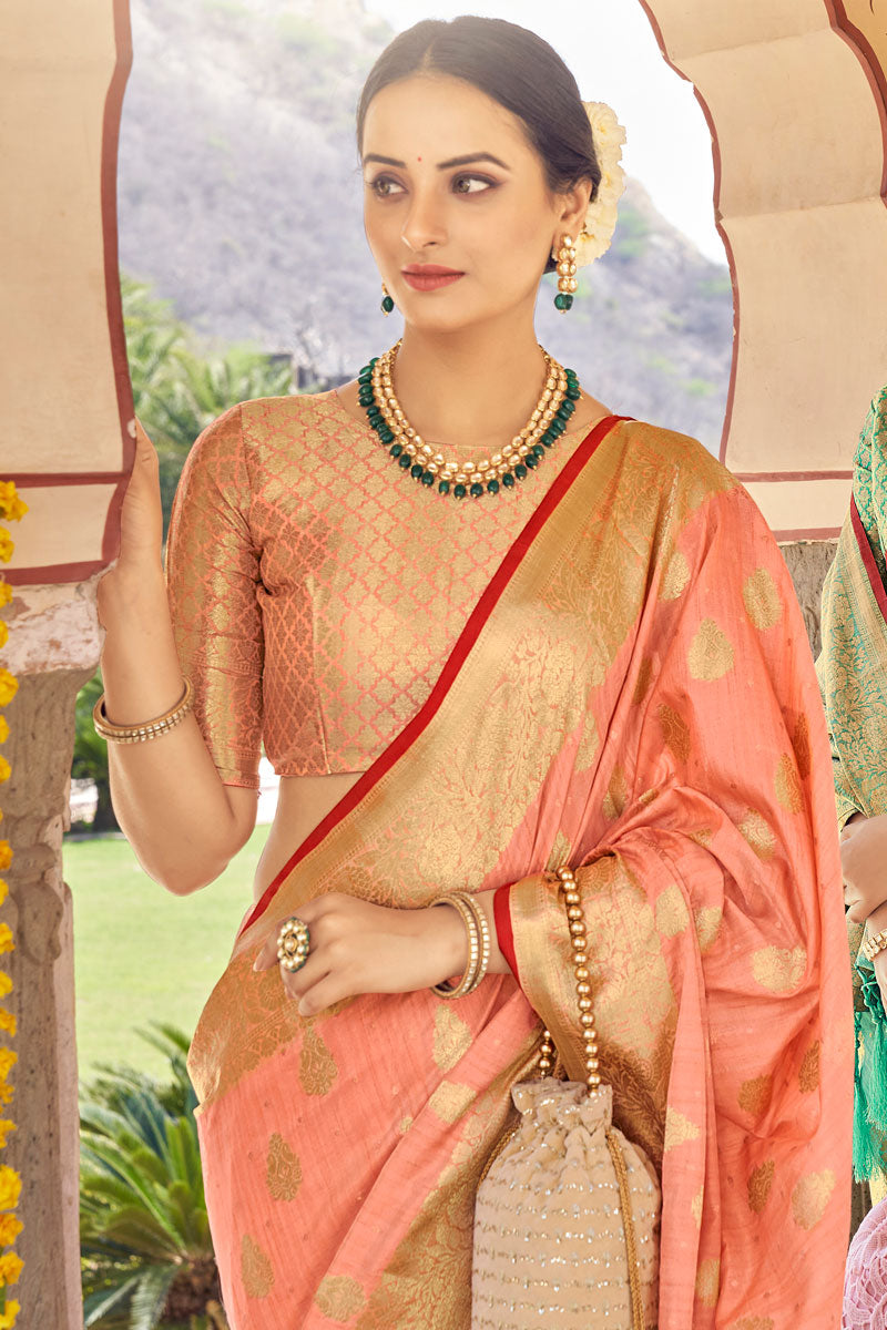 Trendy Art Silk Fabric Weaving Work Festival Wear Saree In Peach Color