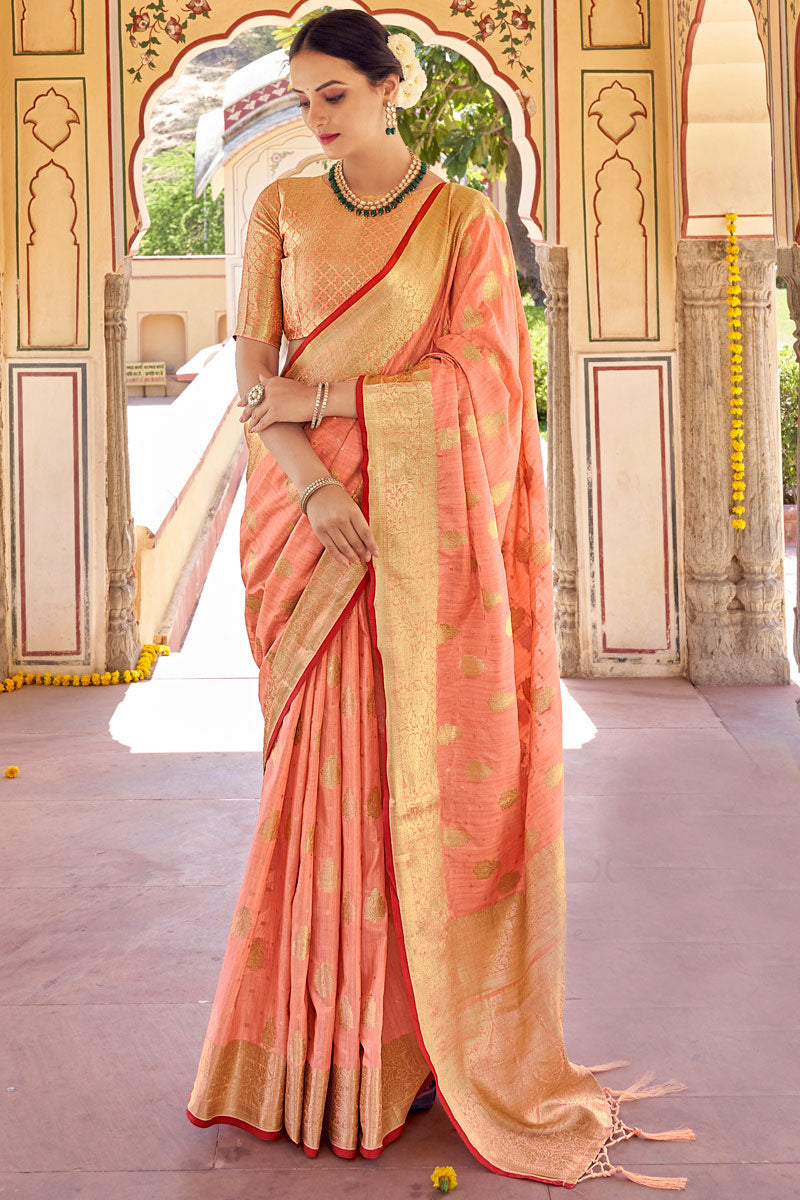 Trendy Art Silk Fabric Weaving Work Festival Wear Saree In Peach Color