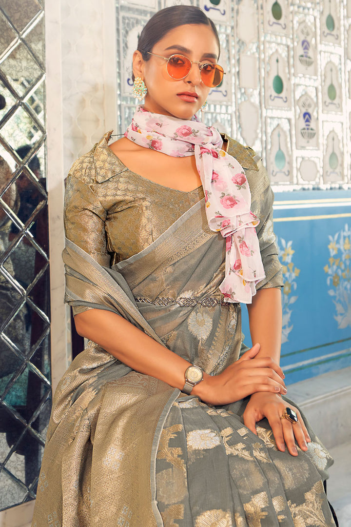 Weaving Work On Grey Color Glittering Linen Fabric Party Look Saree