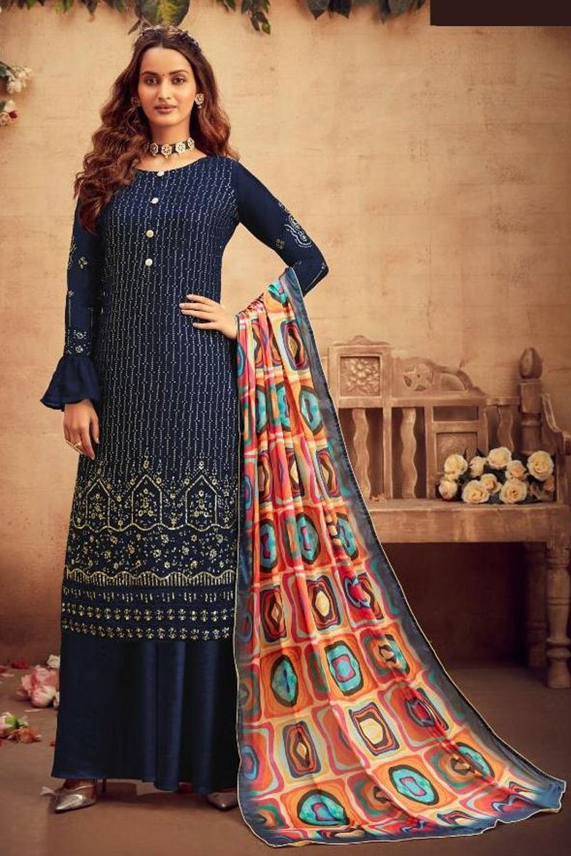 Georgette Fabric Party Wear Navy Blue Color Designer Embroidered Palazzo Suit