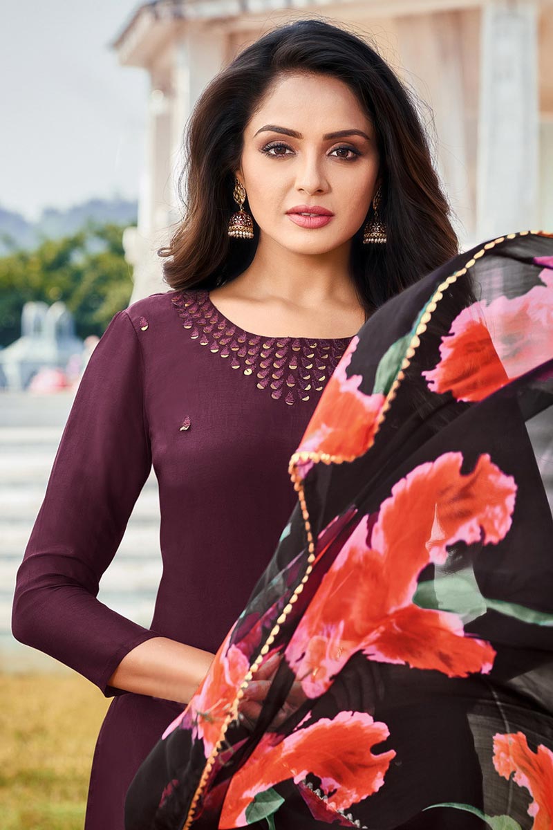 Wine Color Chanderi Fabric Festive Wear Embroidered Salwar Suit