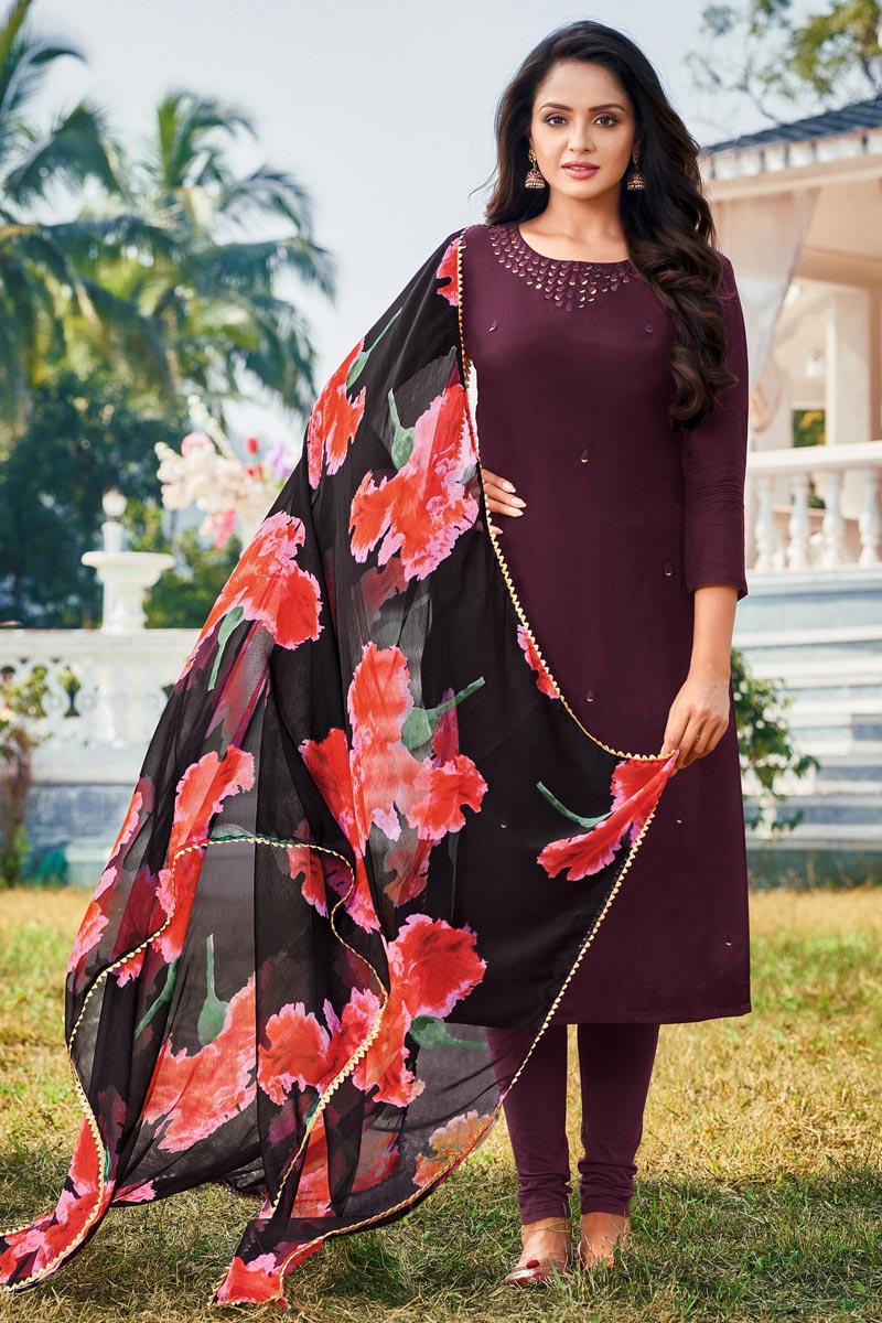 Wine Color Chanderi Fabric Festive Wear Embroidered Salwar Suit