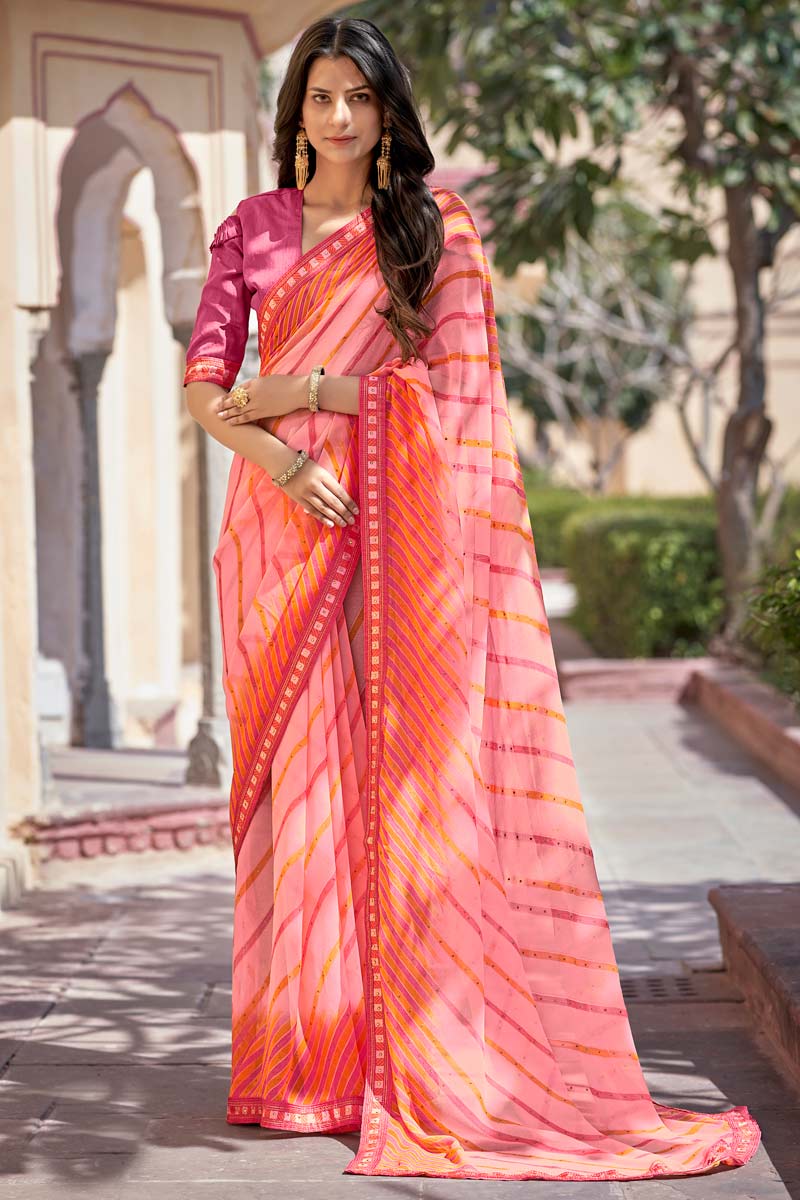 Festival Wear Georgette Fabric Pink Color Enticing Printed Saree