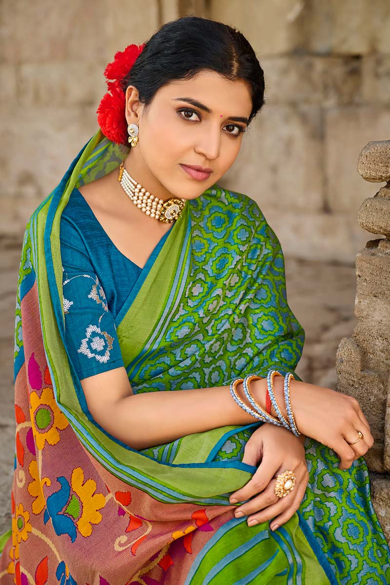 Green Color Coveted Brasso Fabric Festival Wear Saree With Embroidered Blouse