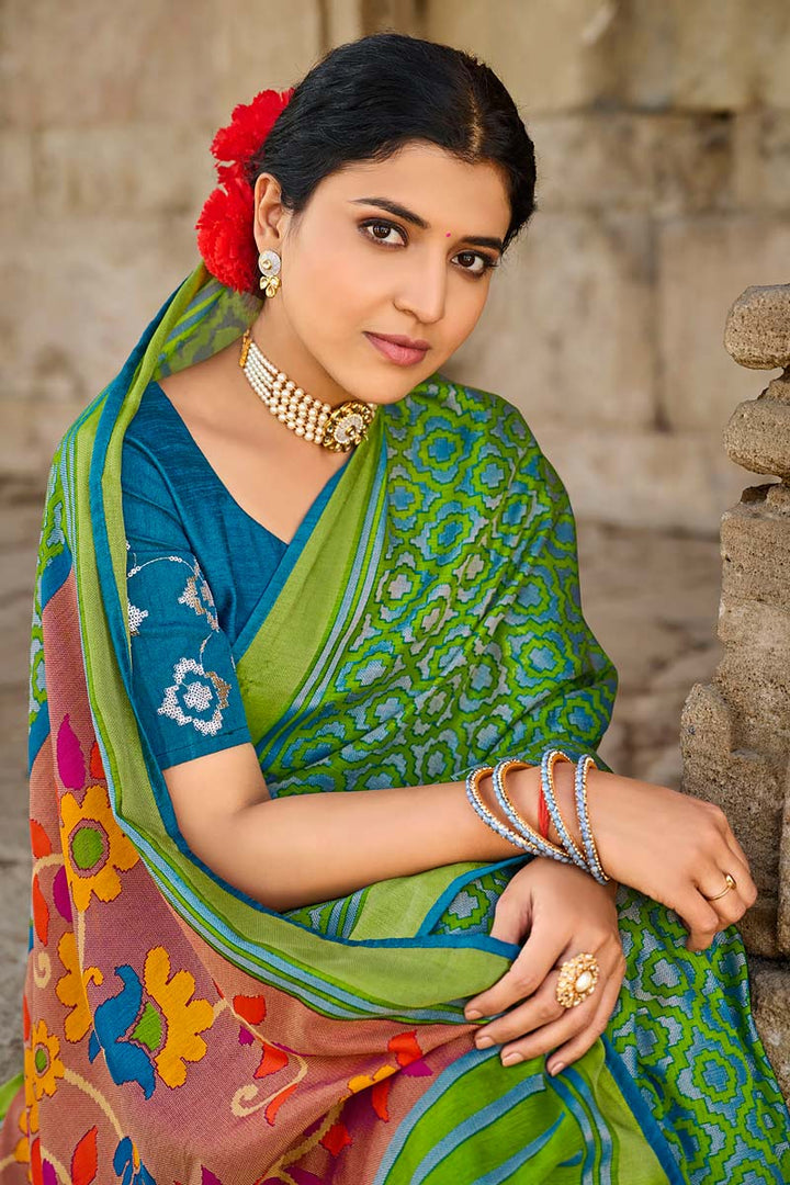 Green Color Coveted Brasso Fabric Festival Wear Saree With Embroidered Blouse