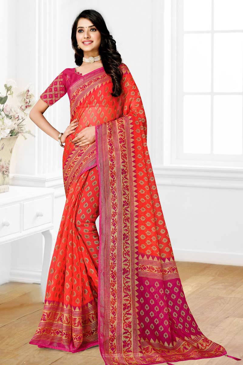 Rust Color Daily Wear Organza Fabric Soothing Saree With Embroidered Blouse