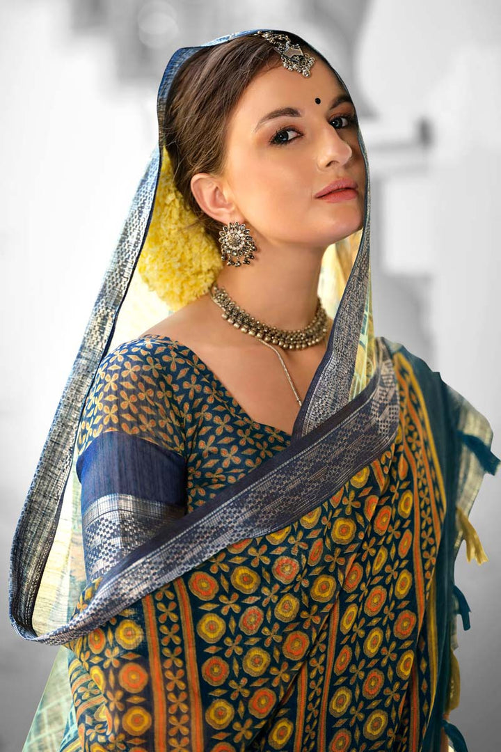 Daily Wear Multi Color Saree With Remarkable Printed Work