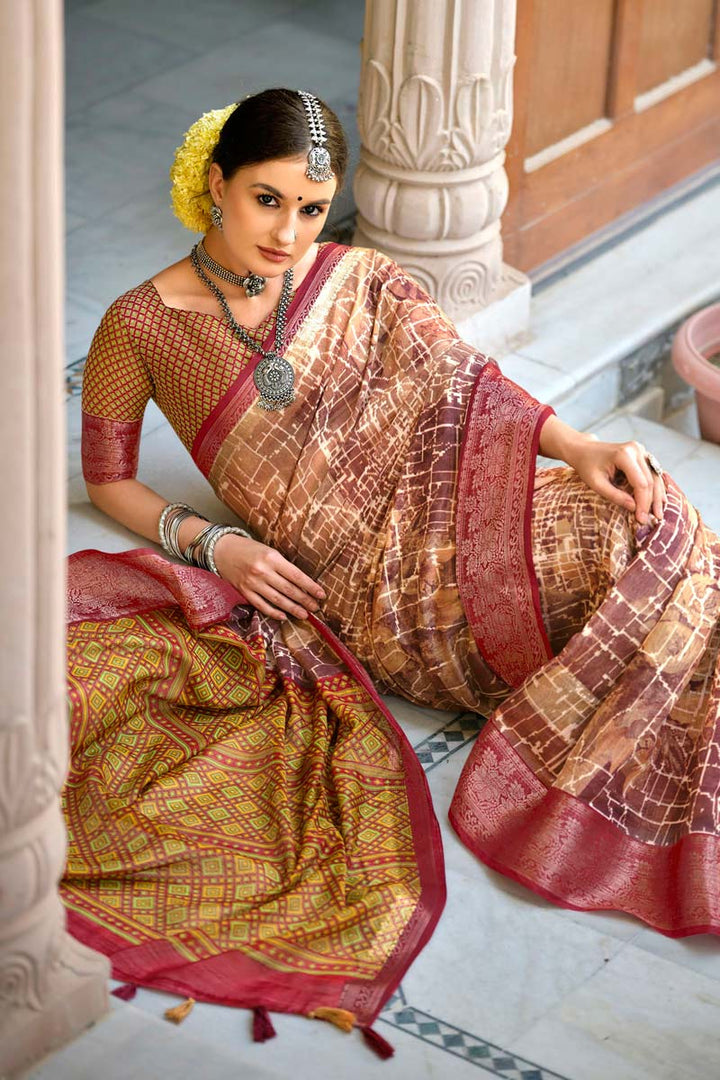 Appealing Printed Work Cotton Fabric Daily Wear Saree In Chikoo Color