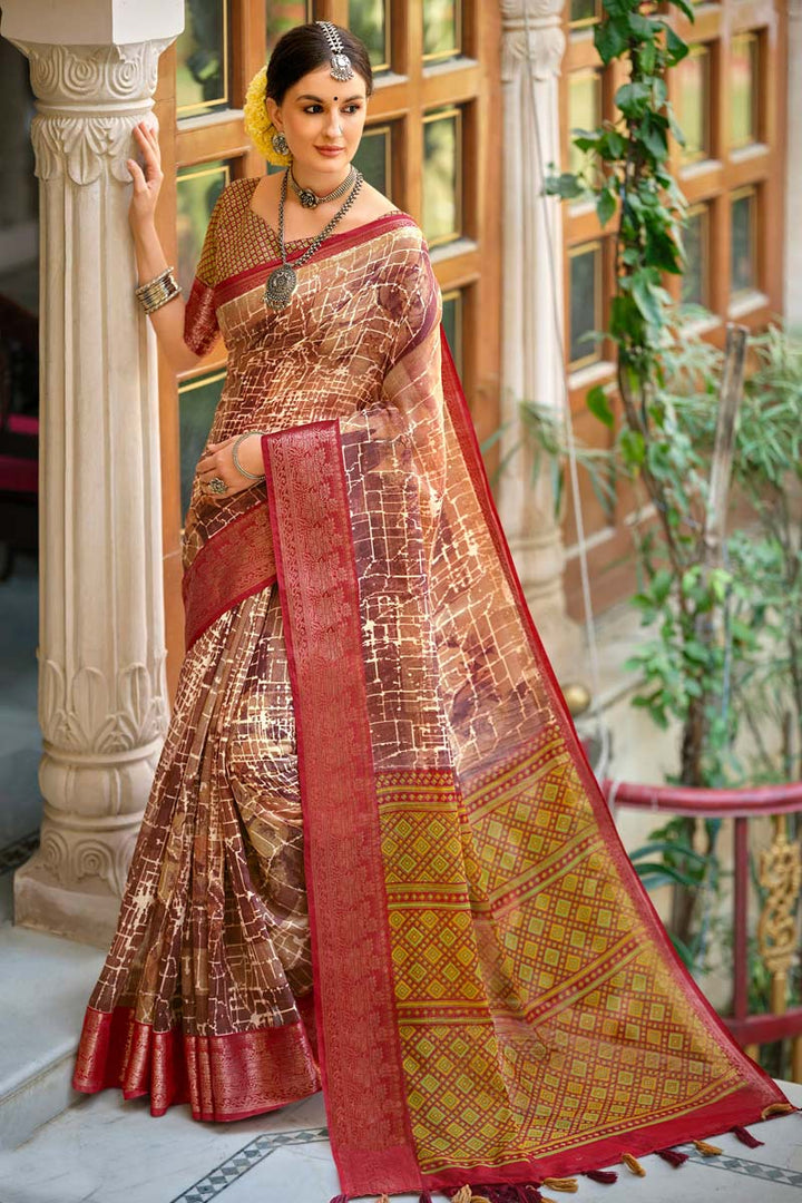 Appealing Printed Work Cotton Fabric Daily Wear Saree In Chikoo Color