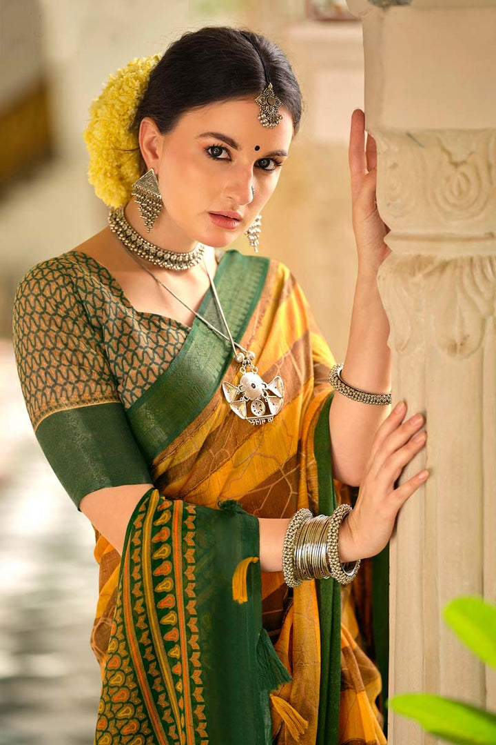 Mustard Color Cotton Fabric Daily Wear Sober Saree With Printed Work