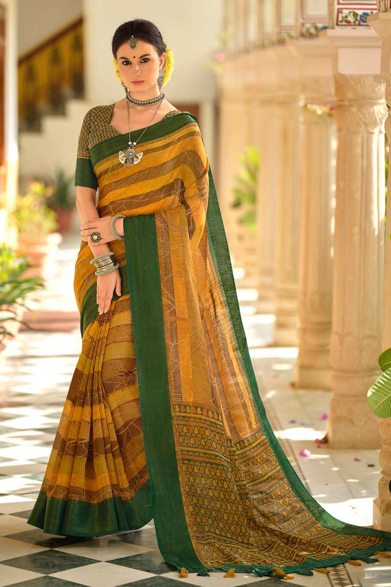 Mustard Color Cotton Fabric Daily Wear Sober Saree With Printed Work