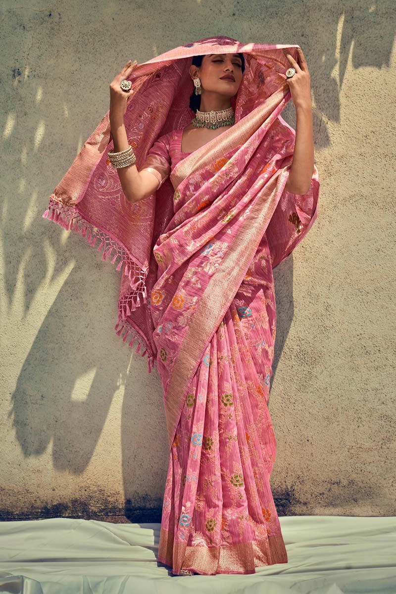 Weaving Work On Art Silk Fabric Festive Wear Lavish Saree In Pink Color