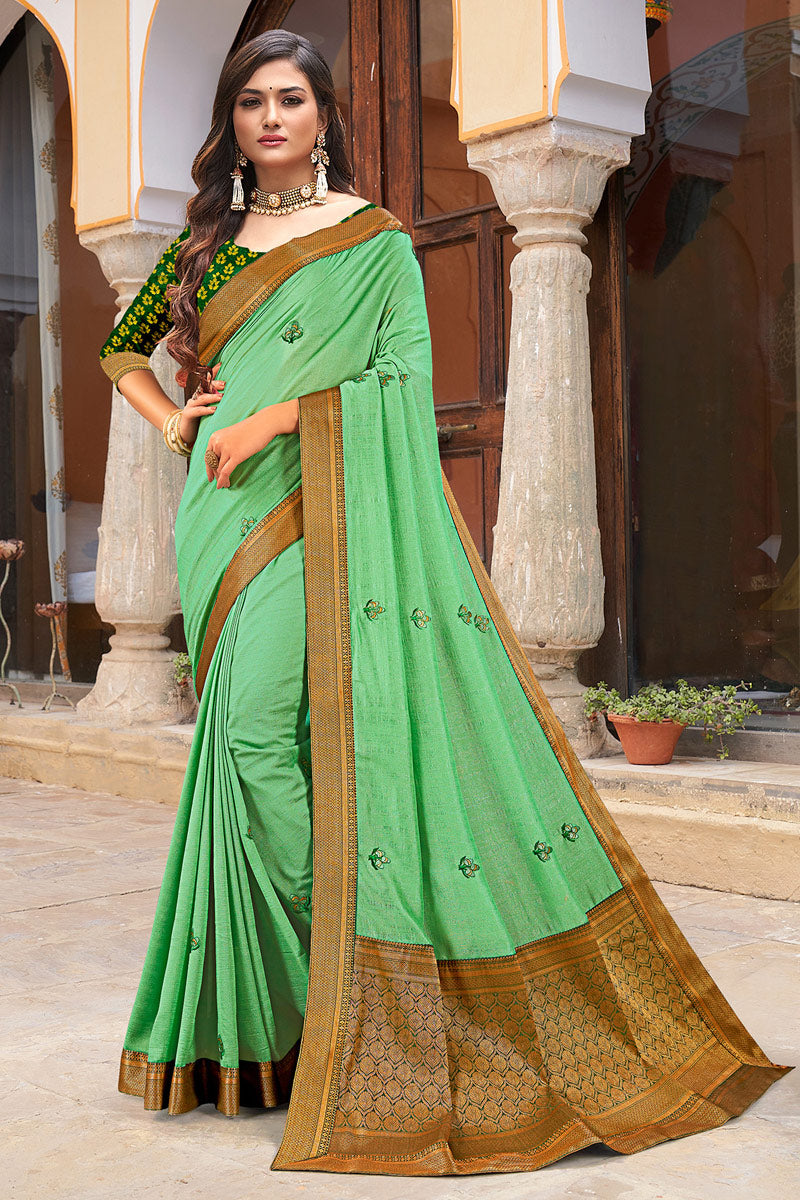 Embroidered Work On Sea Green Color Art Silk Fabric Festival Wear Engrossing Saree