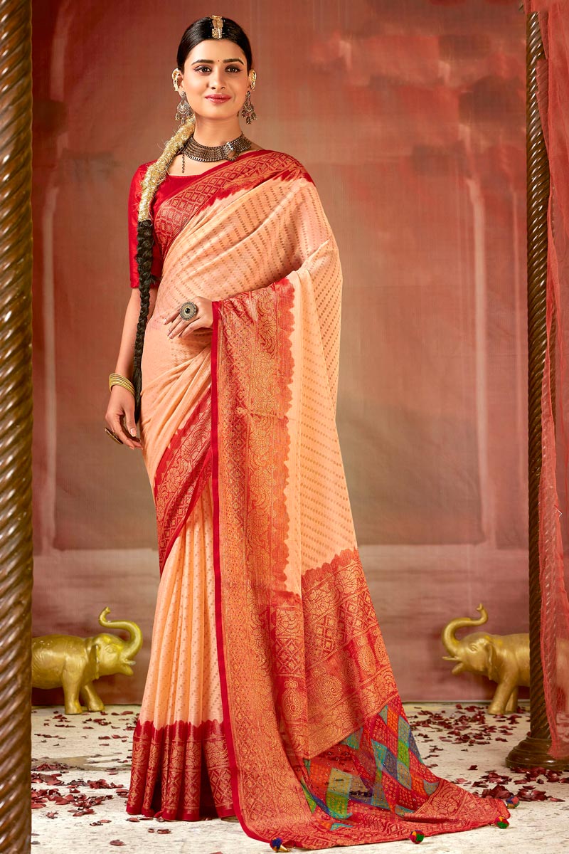 Dreamy Brasso Fabric Casual Wear Saree With Foil Printed Work In Peach Color