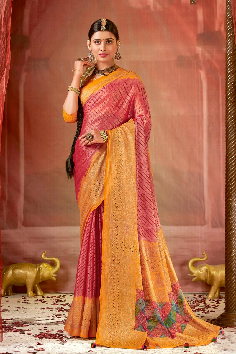 Pink Color Coveted Brasso Fabric Casual Wear Saree With Foil Printed Work