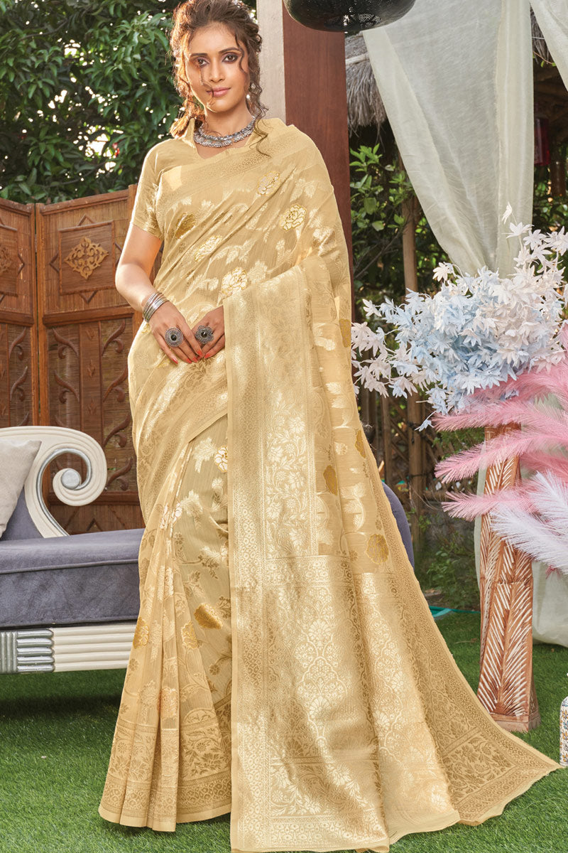 Cotton Fabric Cream Color Weaving Work Party Wear Phenomenal Saree