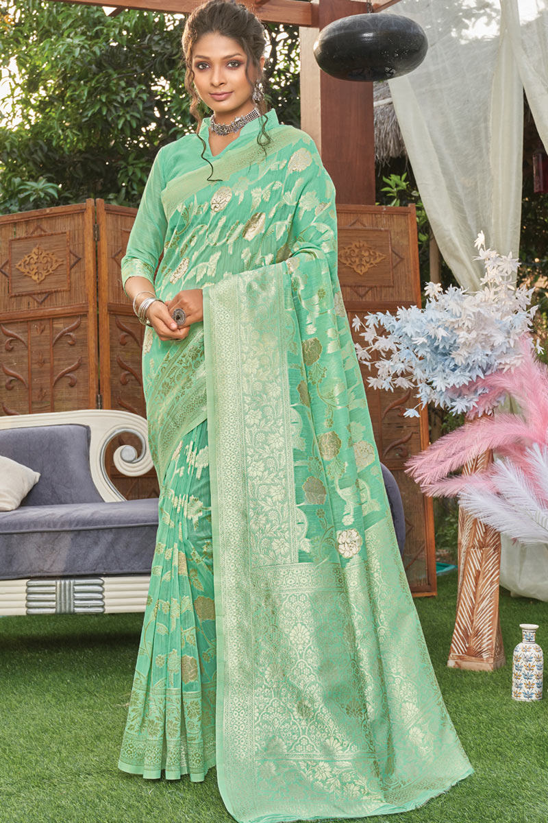 Sea Green Color Weaving Designs On Cotton Fabric Party Wear Divine Saree