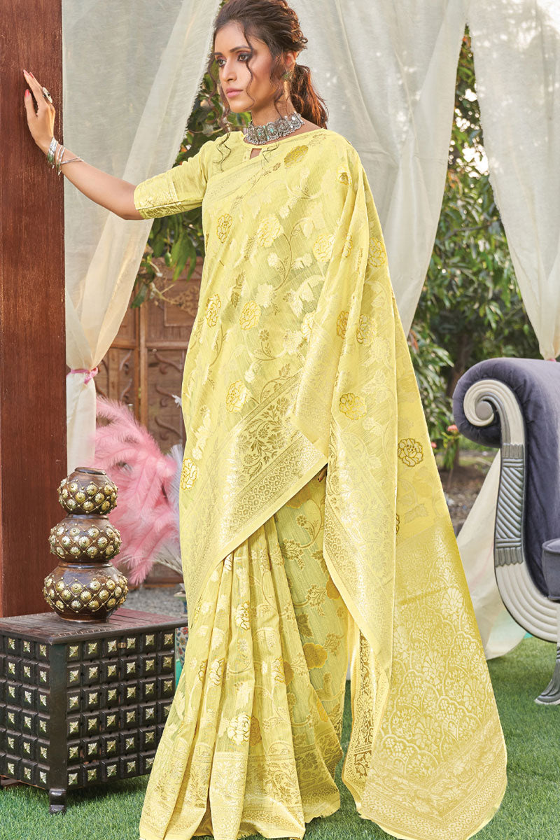 Weaving Designs On Yellow Color Cotton Fabric Party Wear Mesmeric Saree