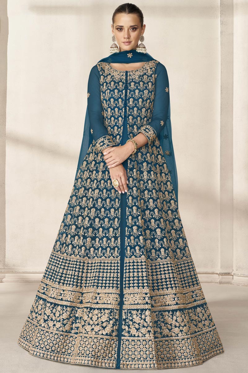 Net Fabric Teal Color Excellent Anarkali Suit With Embroidered Work