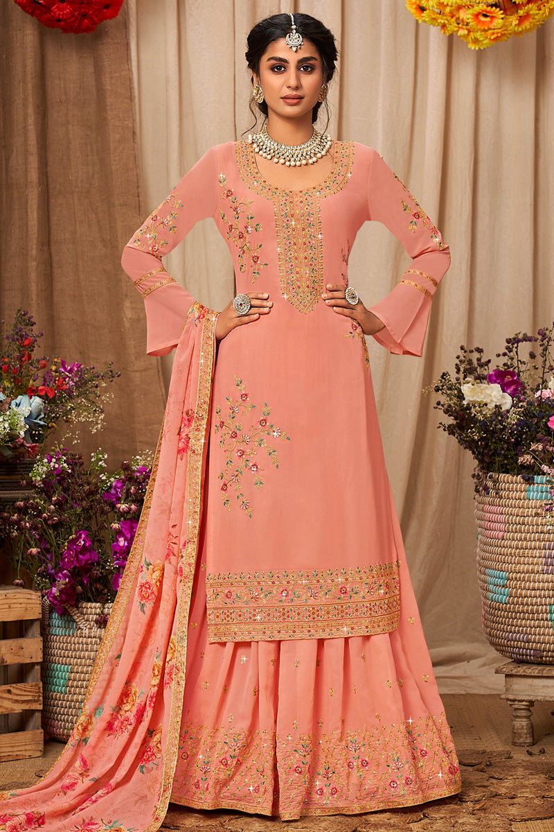 Peach Color Bewitching Georgette Sharara Top Lehenga With Digital Printed Dupatta