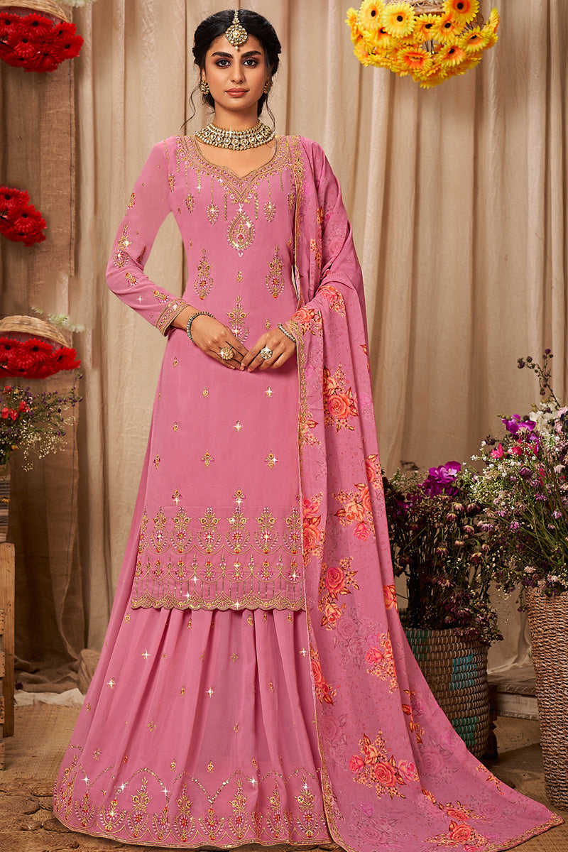 Astonishing Pink Color Georgette Sharara Top Lehenga With Digital Printed Dupatta