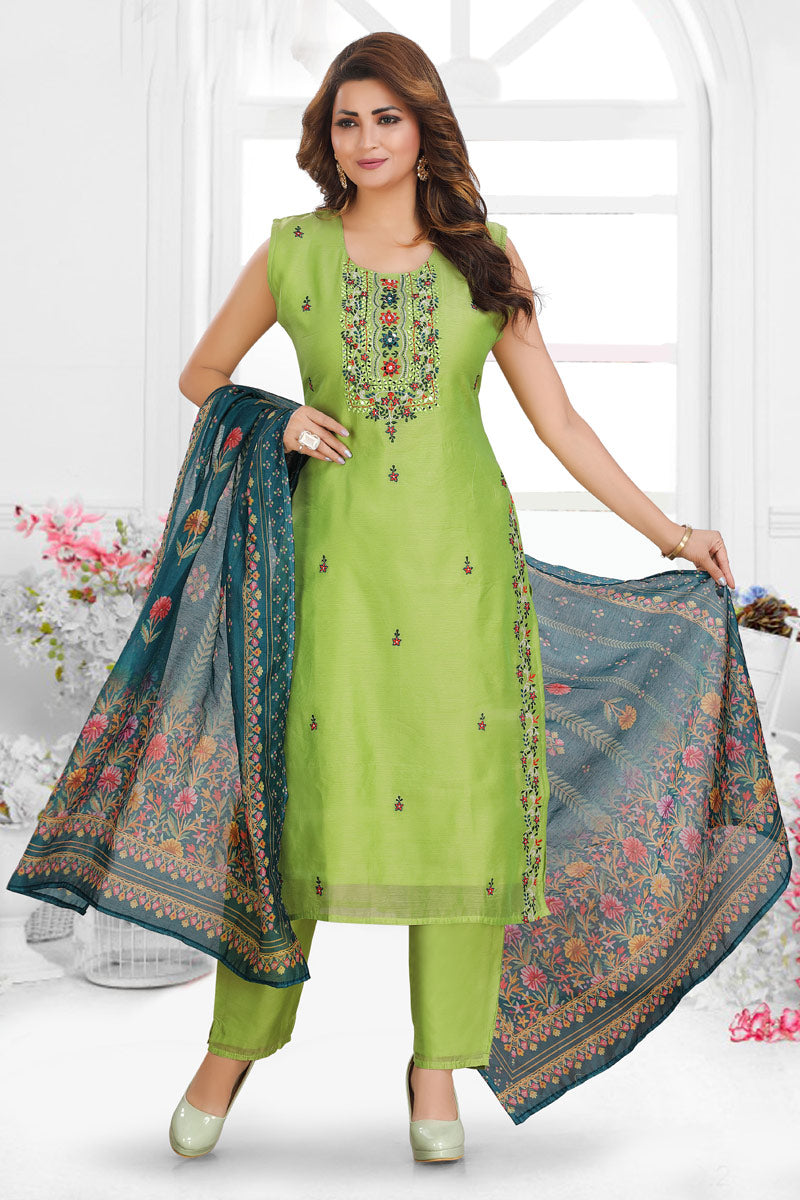 Dusky Green Color Party Wear Embroidered Work Salwar Suit In Art Silk Fabric