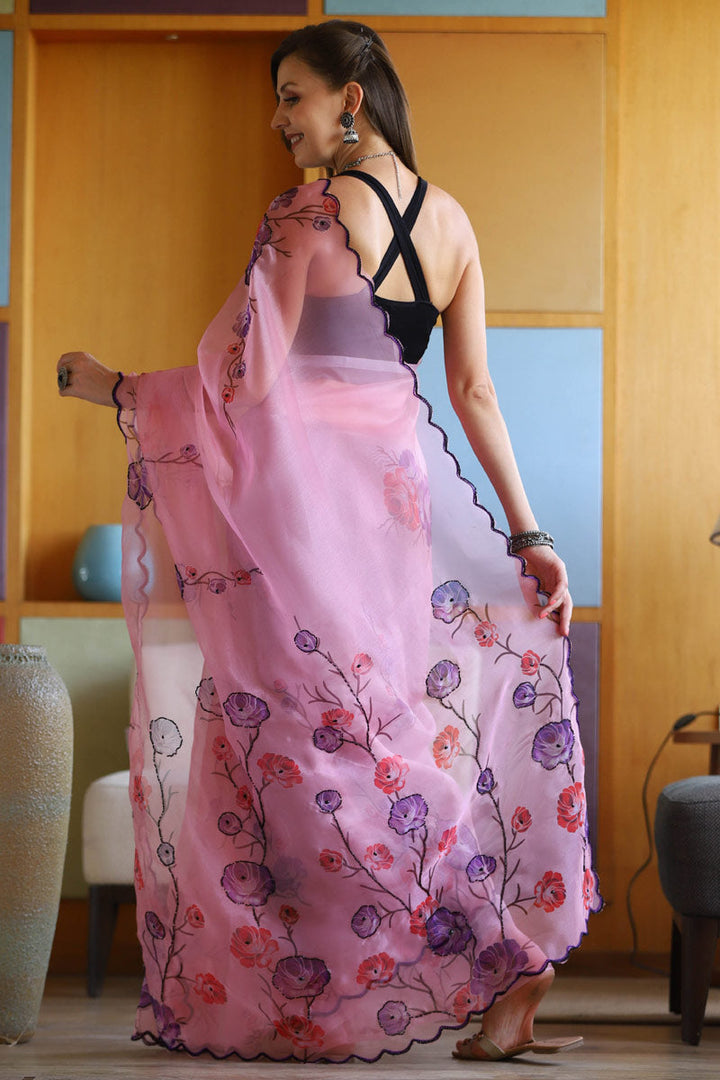 Peach Color Organza Fabric Party Style Wonderful Saree