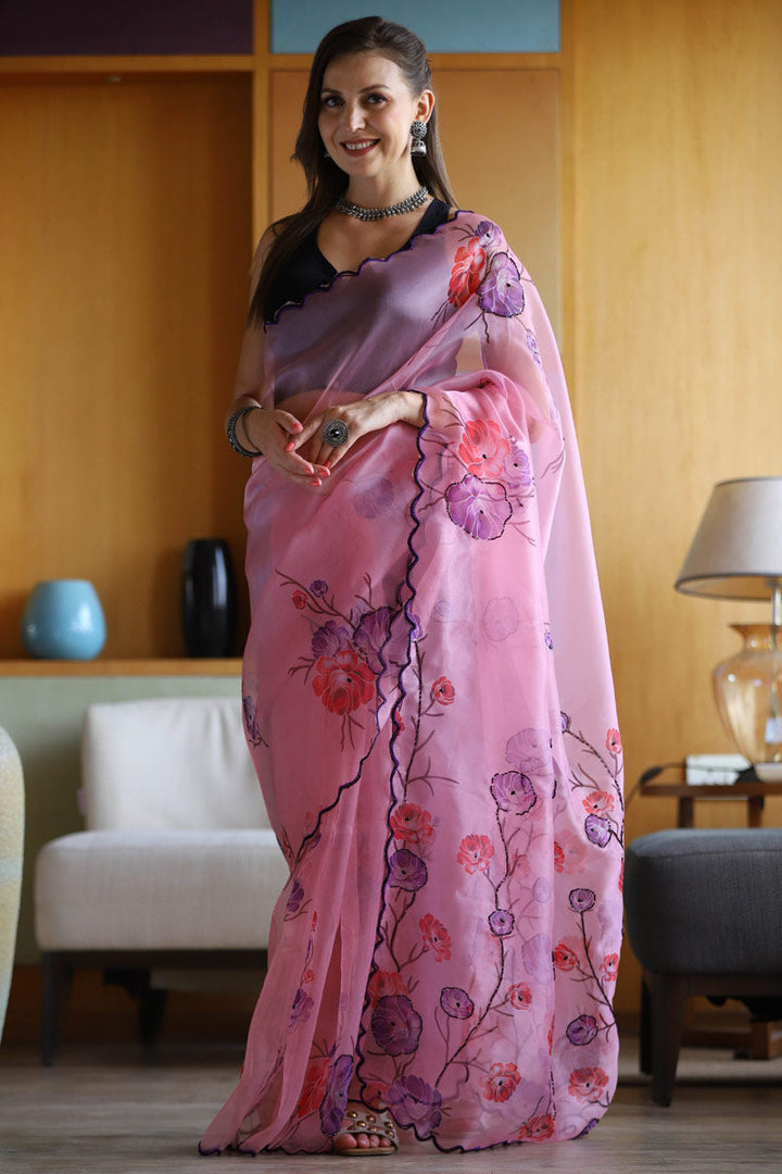Peach Color Organza Fabric Party Style Wonderful Saree