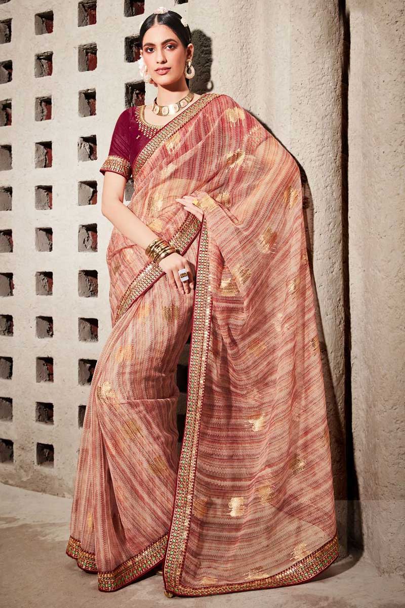 Brown Color Cotton Fabric Beautiful Digital Printed Saree