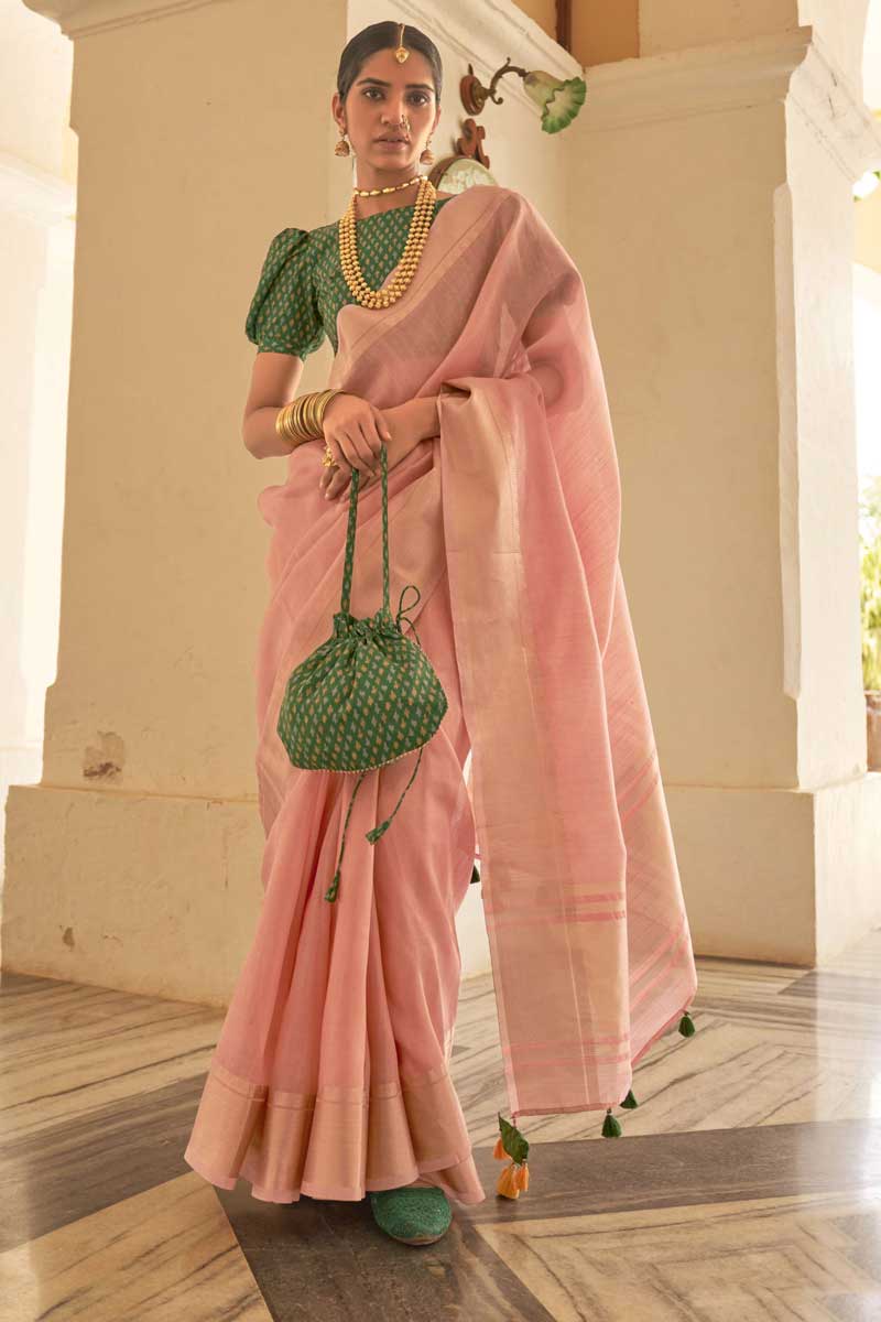 Appealing Organza Fabric Festival Wear Saree In Peach Color
