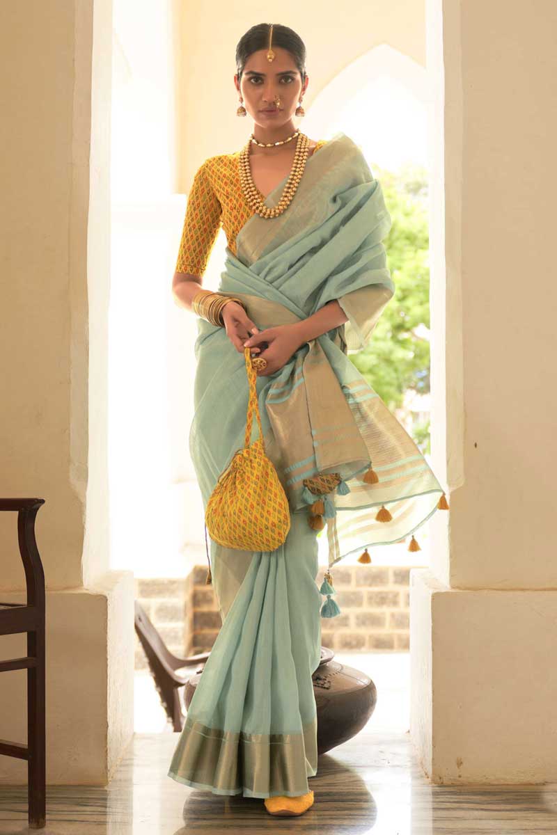 Light Cyan Color Aristocratic Organza Fabric Festival Wear Saree