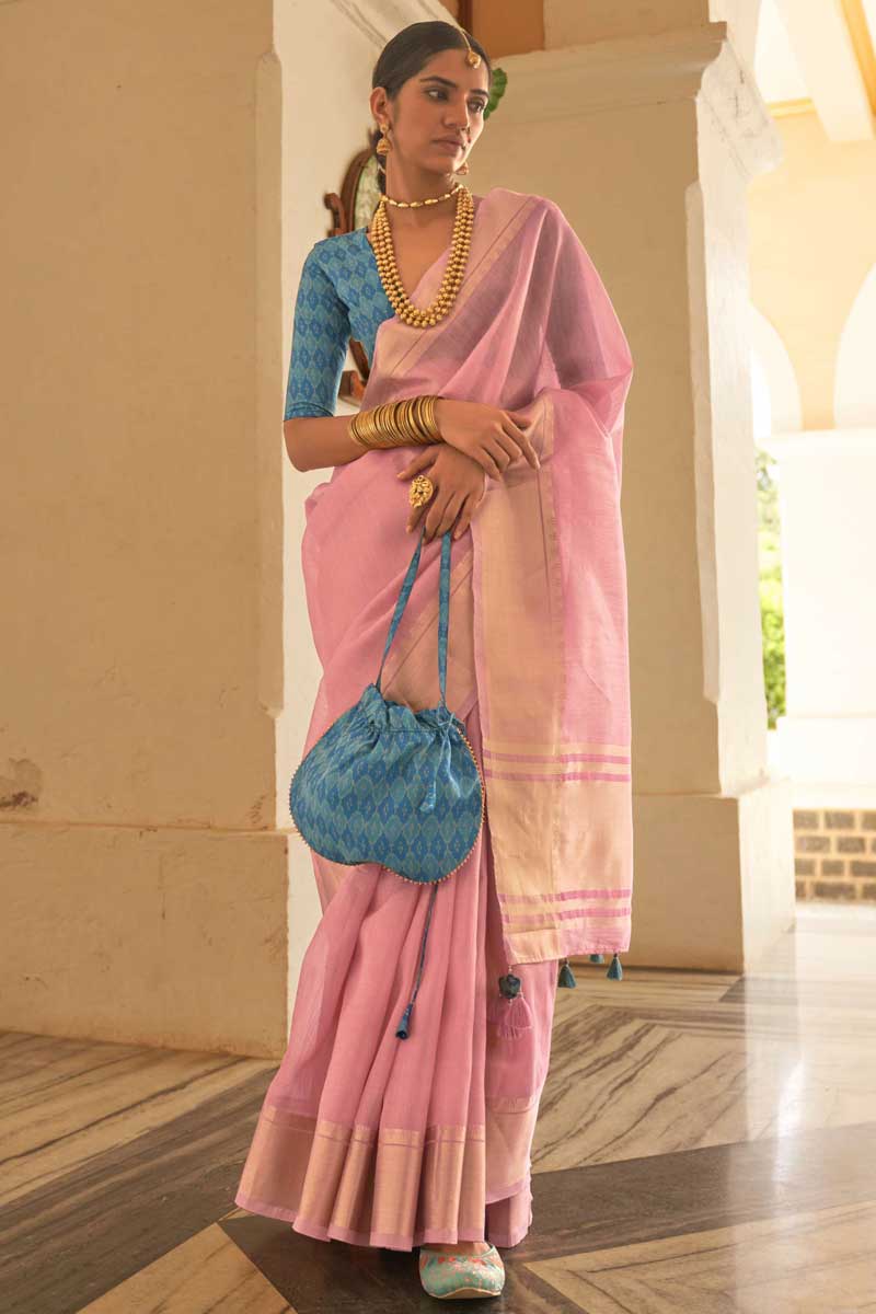 Flamboyant Organza Fabric Festival Wear Saree In Pink Color