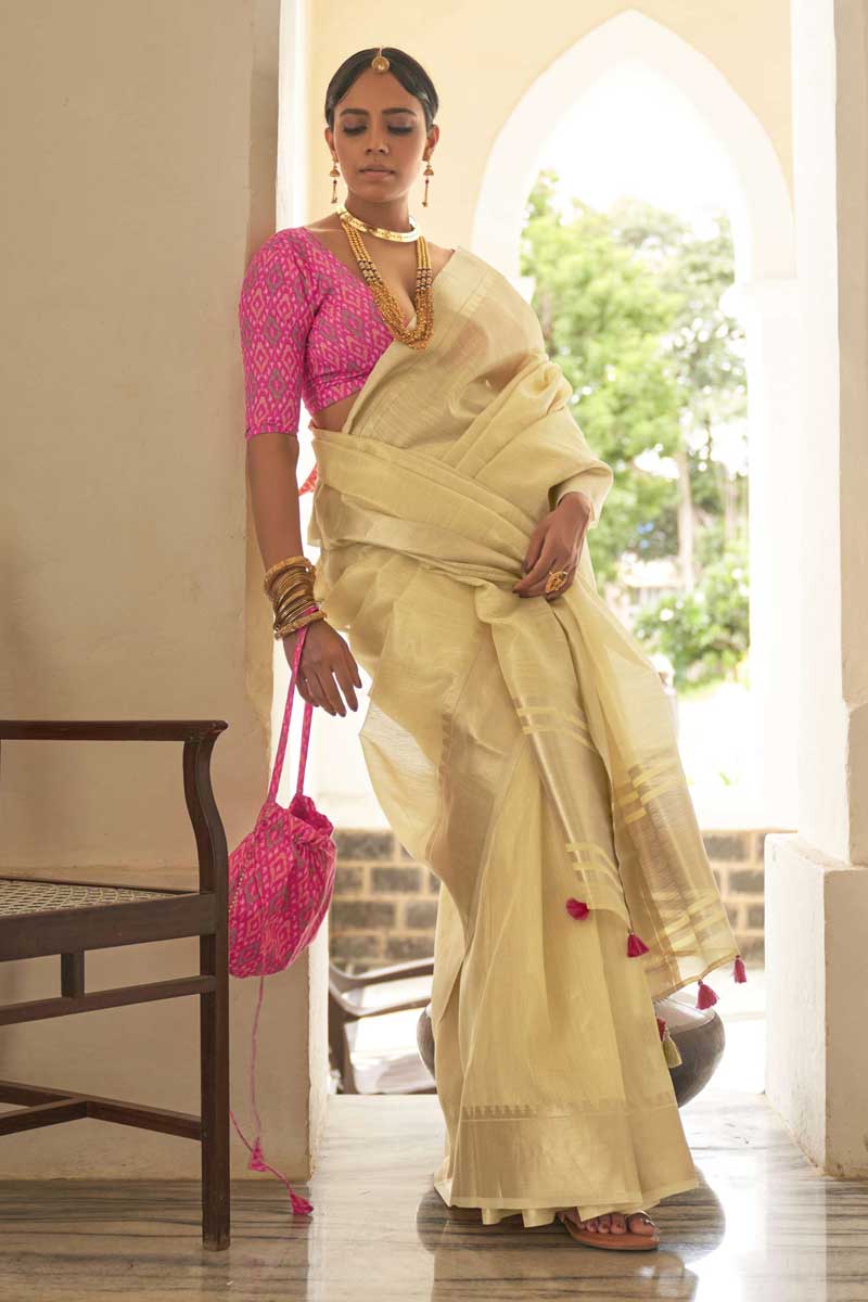 Awesome Organza Fabric Festival Wear Saree In Cream Color