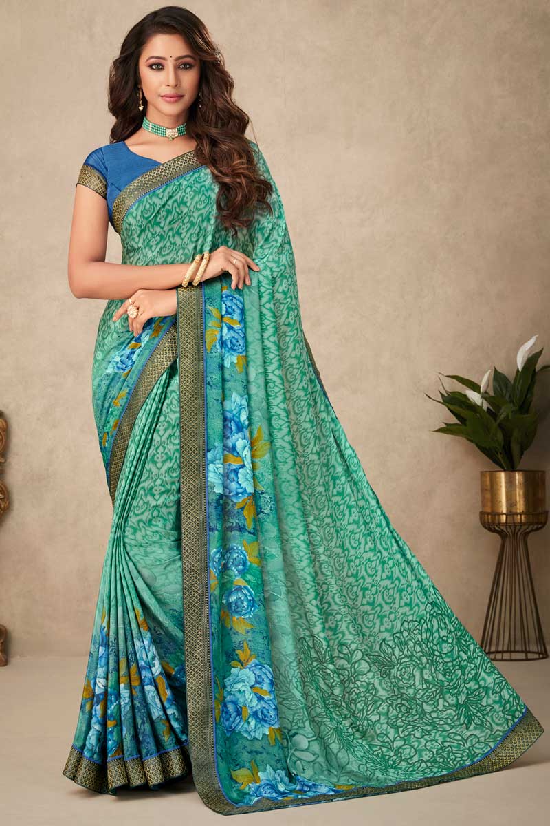 Sea Green Color Crepe Fabric Sober Printed Casual Look Saree