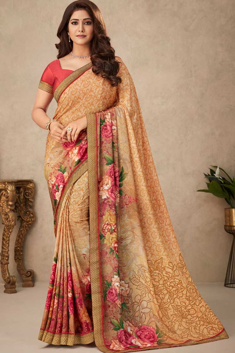 Beauteous Casual Look Peach Color Crepe Fabric Printed Saree