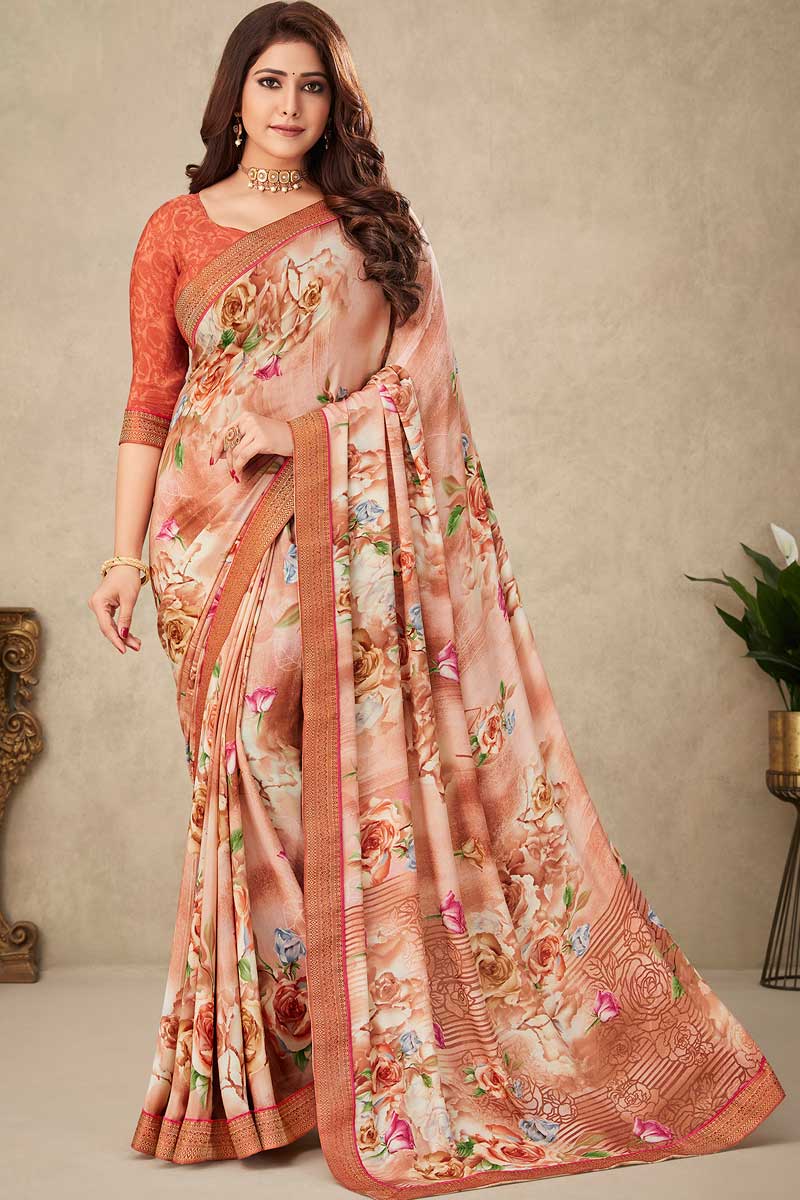 Crepe Fabric Casual Look Orange Color Imposing Printed Saree