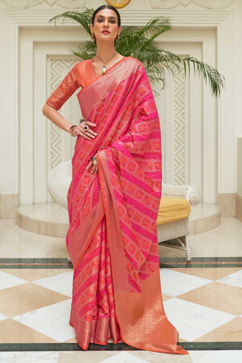 Ingenious Patola Silk Fabric Pink Color Saree