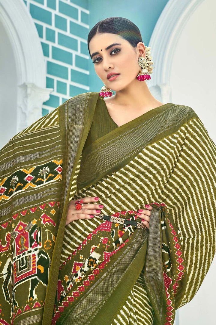 Art Silk Fabric Tempting Casual Wear Printed Saree In Mehendi Green Color