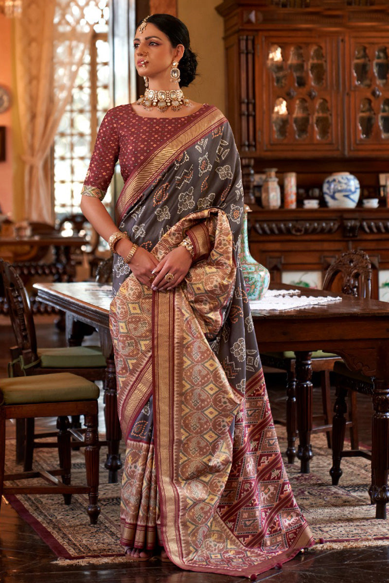 Engaging Grey Color Art Silk Fabric Digital Printed Saree