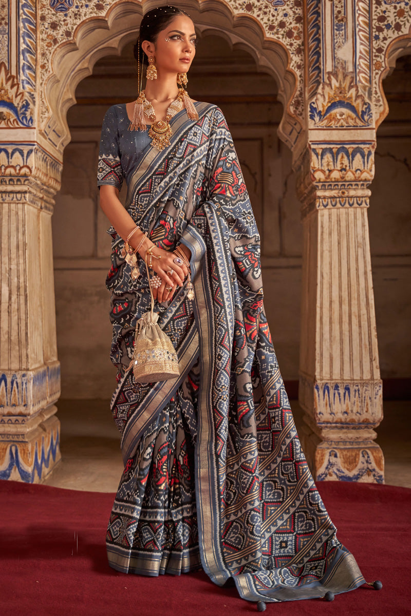 Grey Color Glamorous Printed Patola Silk Saree