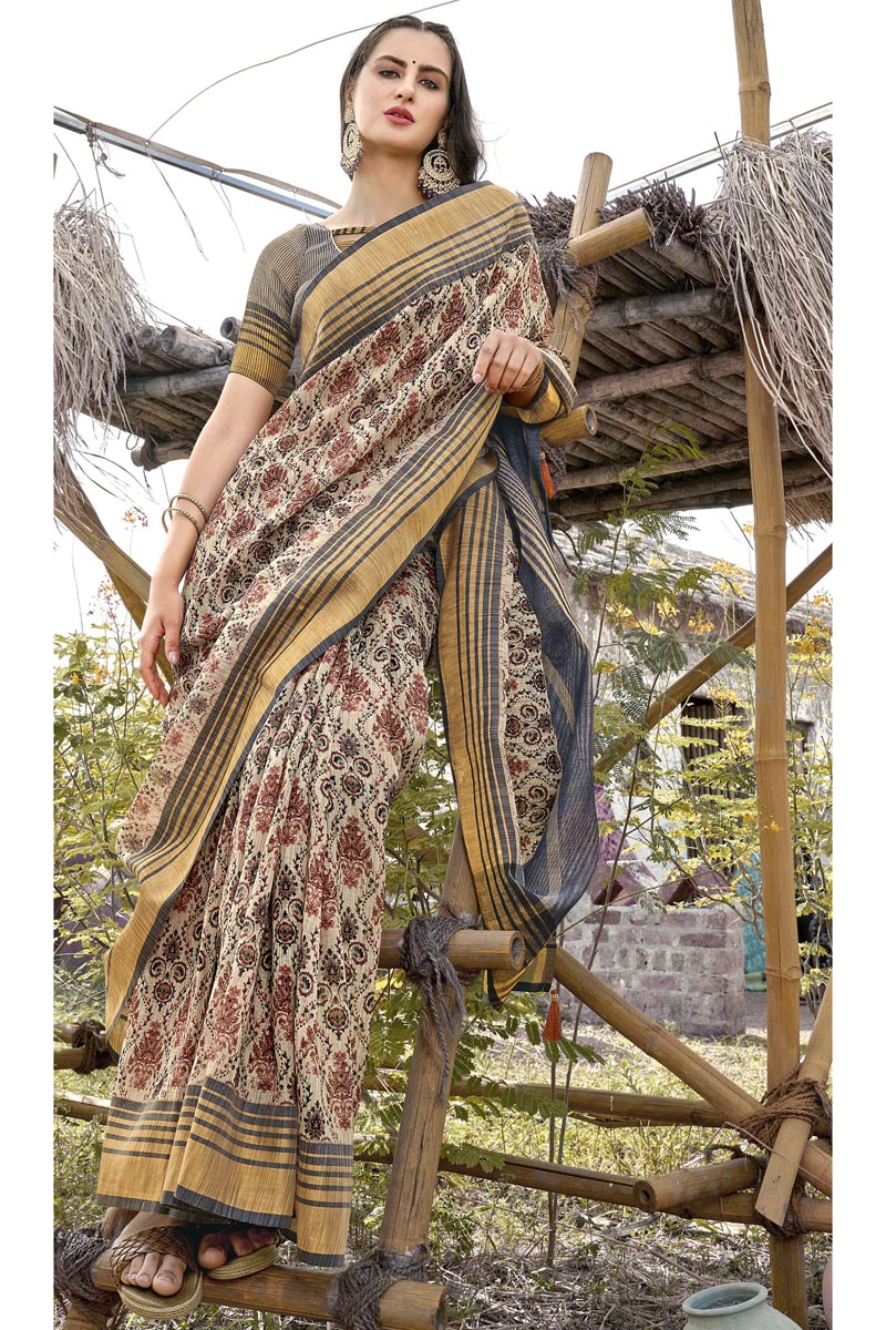 Incredible Printed Work On Linen Cotton Fabric Cream Color Saree