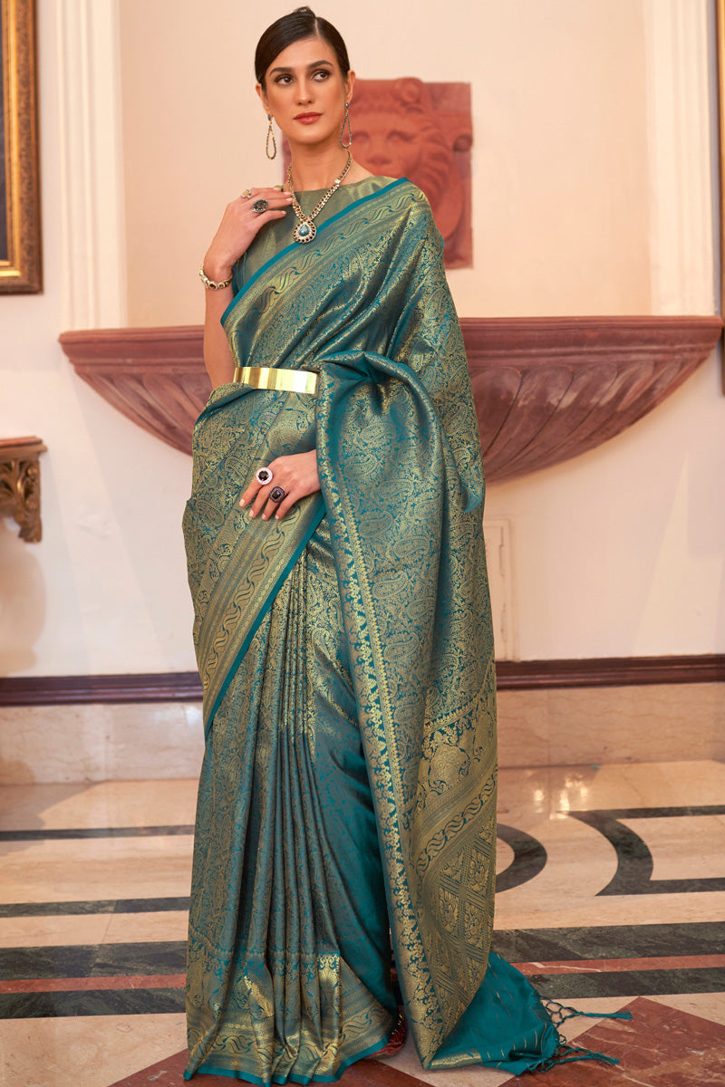 Mesmeric Art Silk Teal Color Handloom Weaving Saree