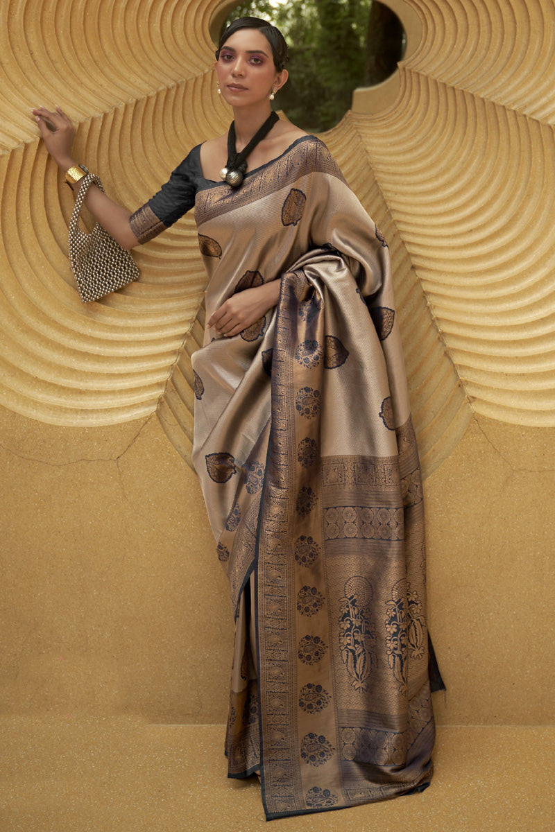 Black Nylon Two Tone Handloom Weaving Designer Saree
