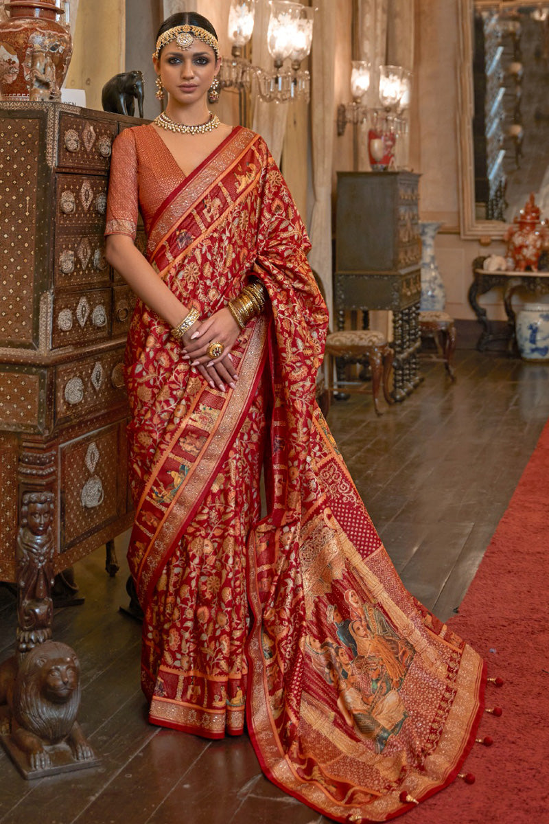 Ethnic Motifs Floral Printed Beads and Stones Red Saree