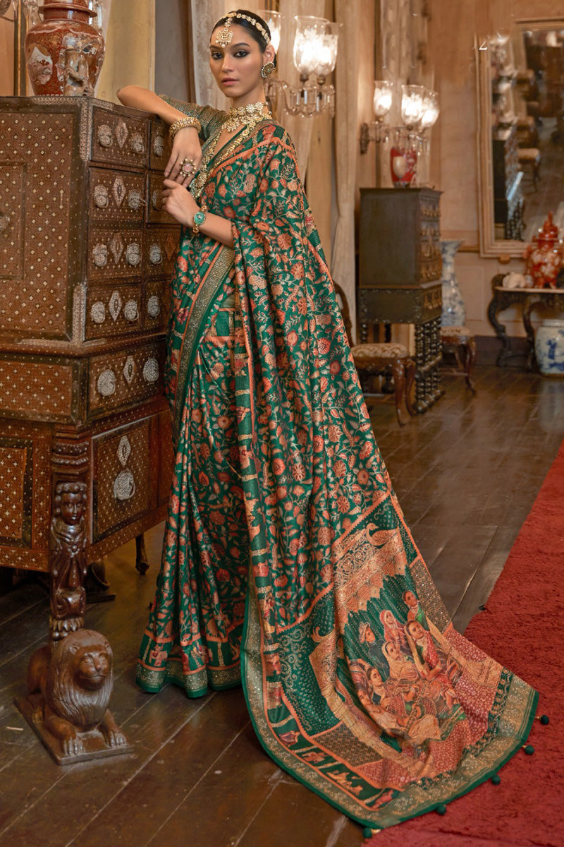 Floral Motif Zari Dark Green Saree With Embelished Border