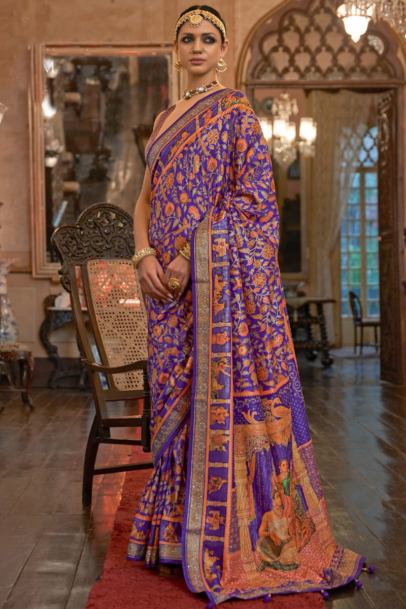 Floral Motif Zari Lavender Saree With Embelished Border