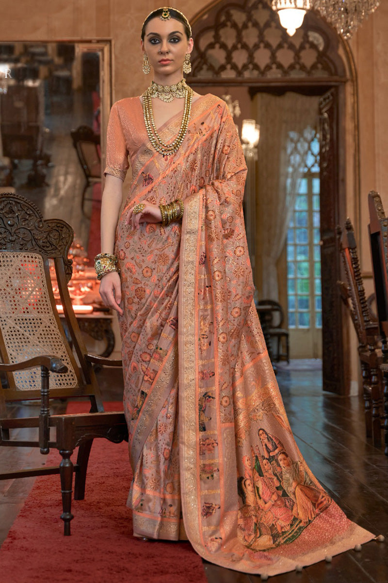 Floral Motifs Printed Beads and Stones Embellished Peach Saree
