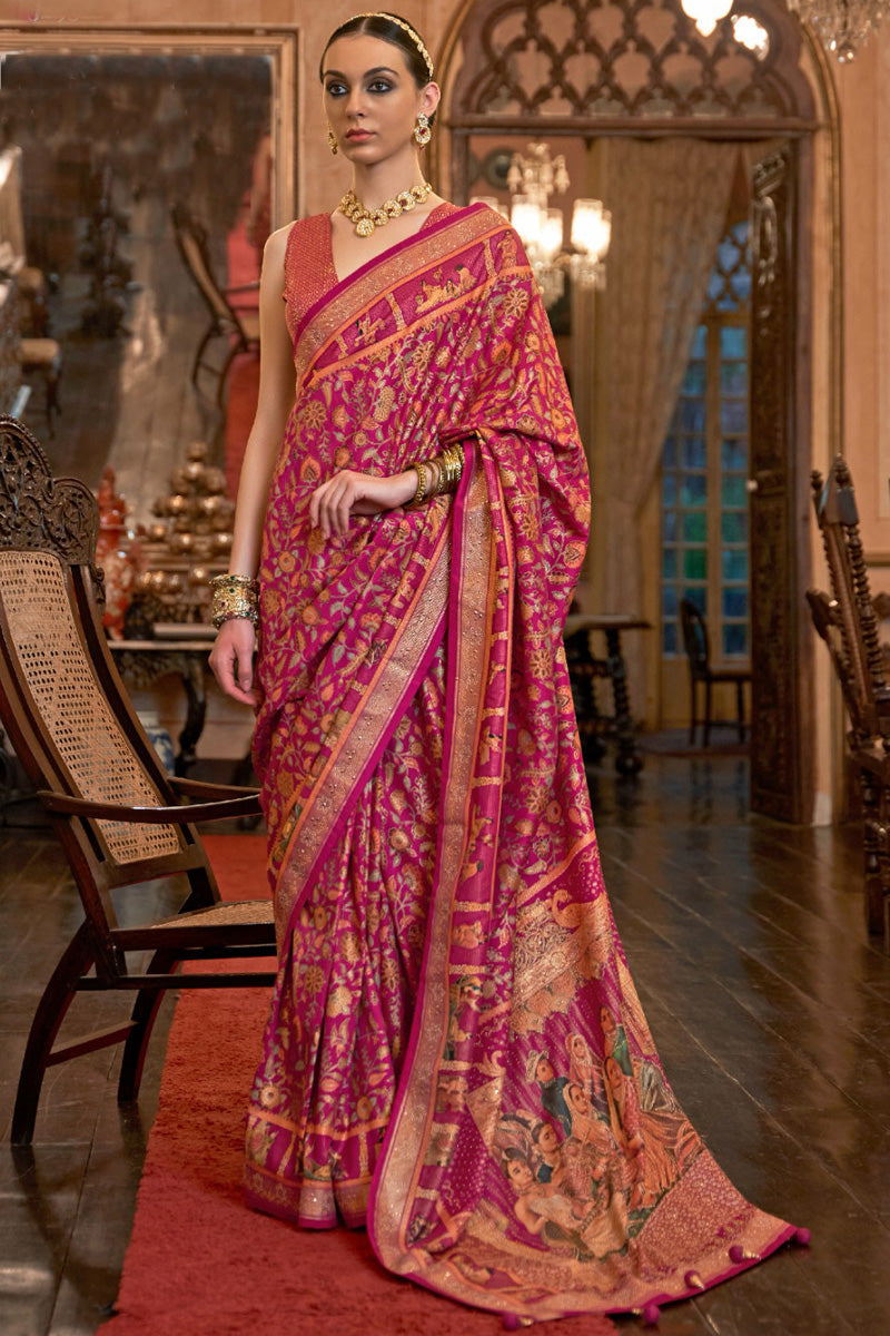 Floral Motif Zari Pink Saree With Embelished Border