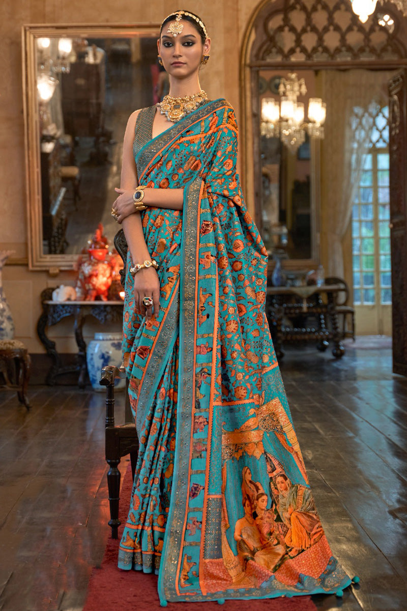 Floral Motifs Printed Beads and Stones Embellished Teal Blue Saree